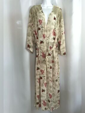 Warner's Cream Satin Floral Robe with Pink Rose Print Women’s Size M/L